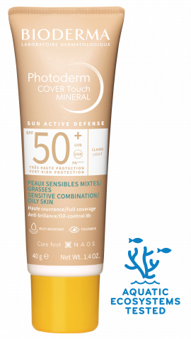 BIODERMA Photoderm COVER Touch MINERAL SPF50+ claire ครีมกันแดดสีเนื้อ ปกปิดรอยสิว คุมมัน ลดโอกาสเกิดสิว